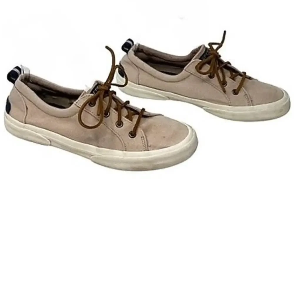 SPERRY Crest Vibe Oat Beige Linen Sneaker Cowhide Leather Laces ~ Women's Size 8
